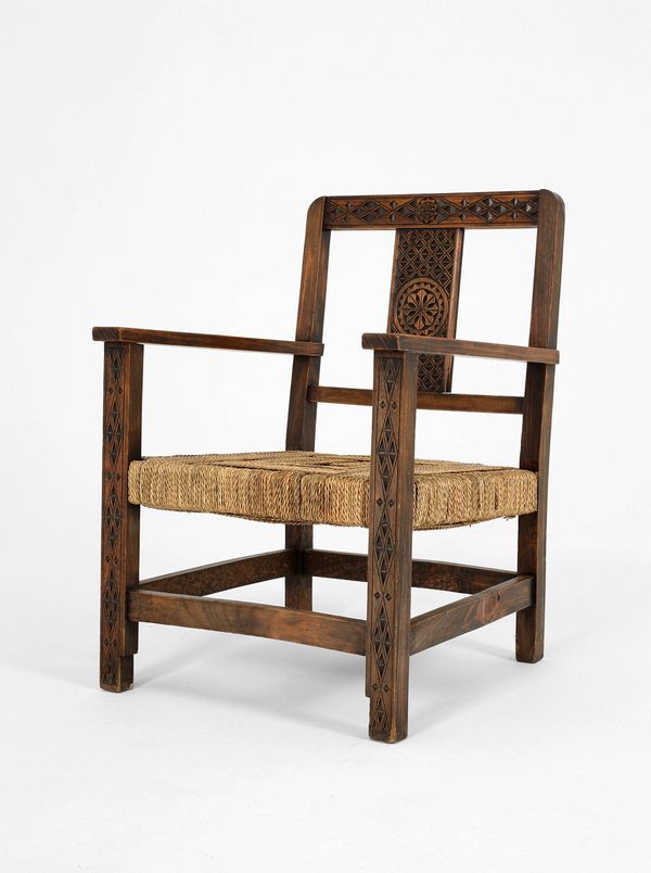 French 1950s Carved Wood and Rope Armchair